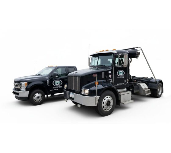 A black pickup truck and a black hook-lift truck with company logos, both offering professional waste removal, parked side by side on a white background.